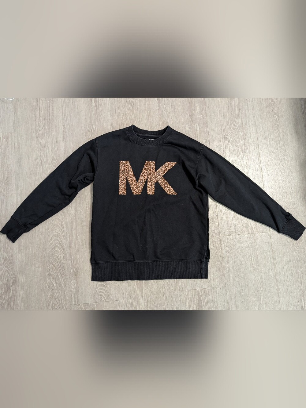 Michael Kors Black Crewneck Sweater with Leopard Print Logo Size XS EUC!
